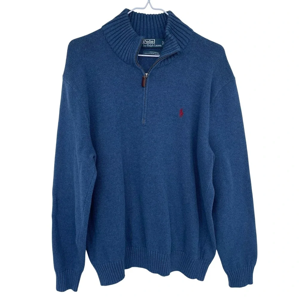 Vintage 90s Polo‎ Ralph Lauren Mens Blue 1/4 Zip Sweater Knit XL Cotton Blue tag